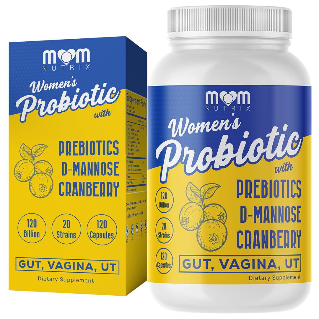 MOM NUTRIX Women probiotic bottle with 120B CFU capsules for gut and vaginal balance.