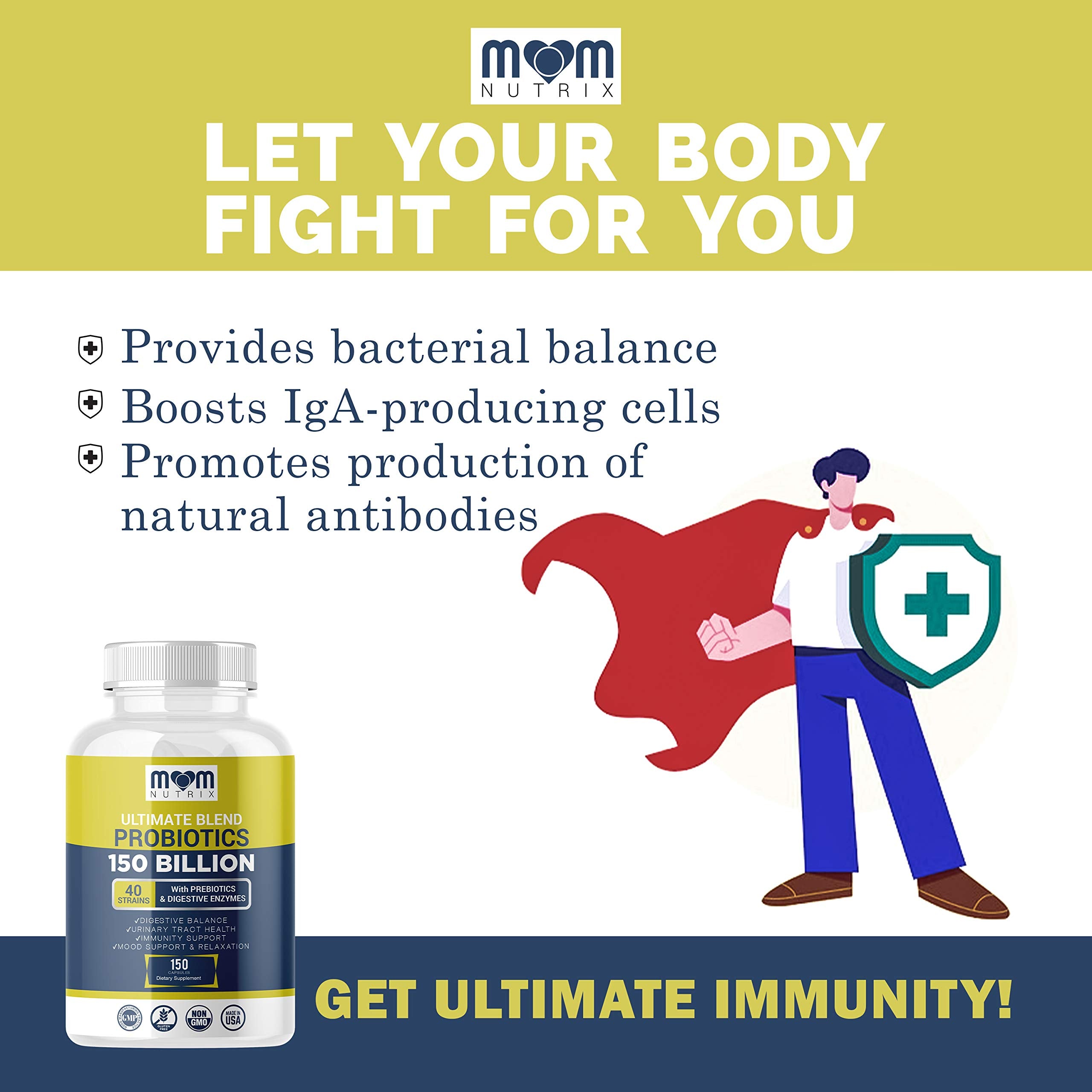 USA-made GMP badge visible on Mom Nutrix probiotic packaging
