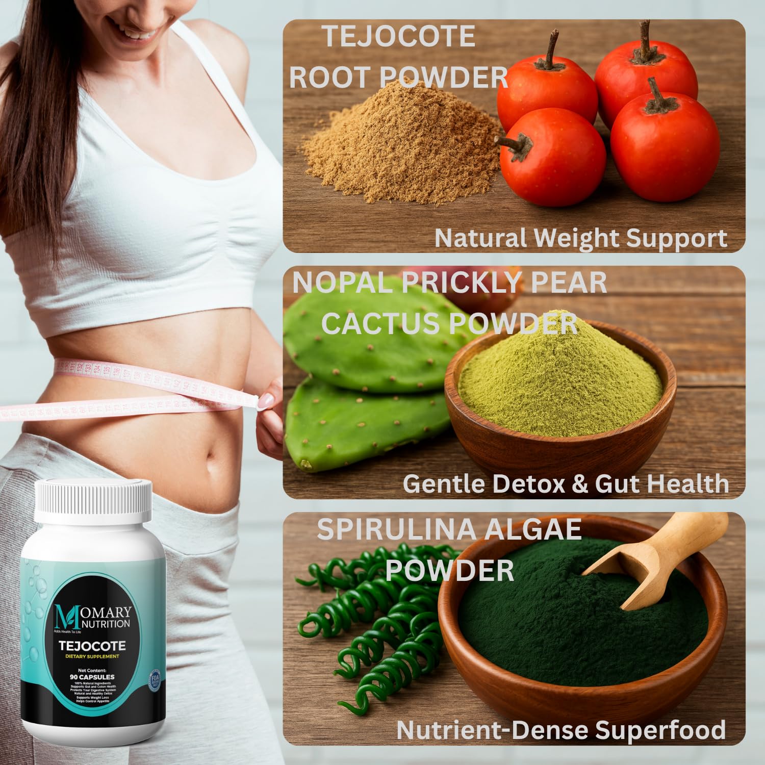 MOMARY NUTRITION Spirulina Algae powder jar highlights green energy and nutrient density.