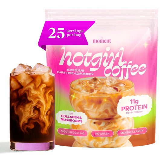 Moment Hot Girl Mushroom Coffee bottle shows a low-acid formula for smooth mornings