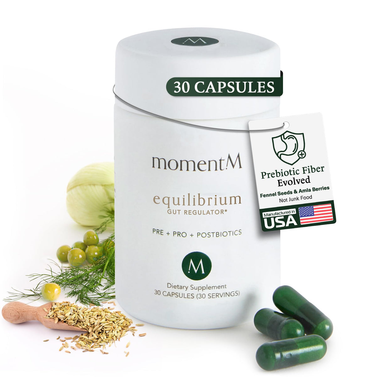 MomentM Equilibrium bottle front with 30 capsules for daily digestive support.