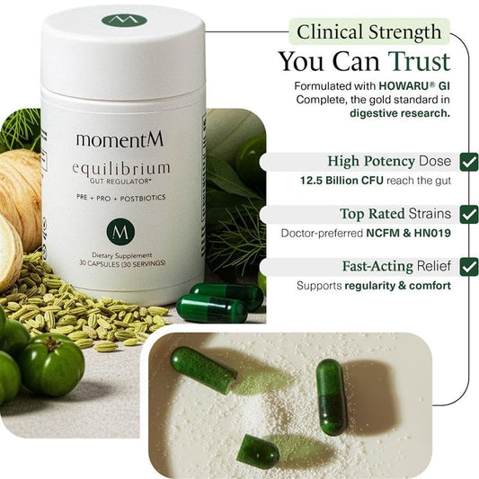 MomentM Equilibrium capsules inside view illustrating high CFU potential for gut balance.