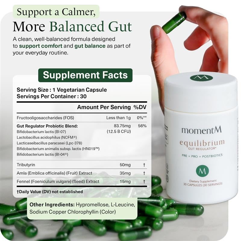 MomentM Equilibrium lifestyle scene promoting an on-the-go gut health routine.