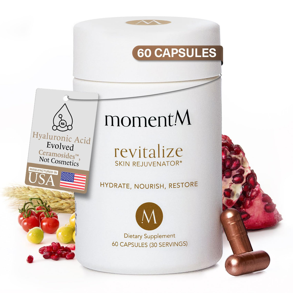 MomentM Revitalize bottle front showing vegan hydration support for glowing skin