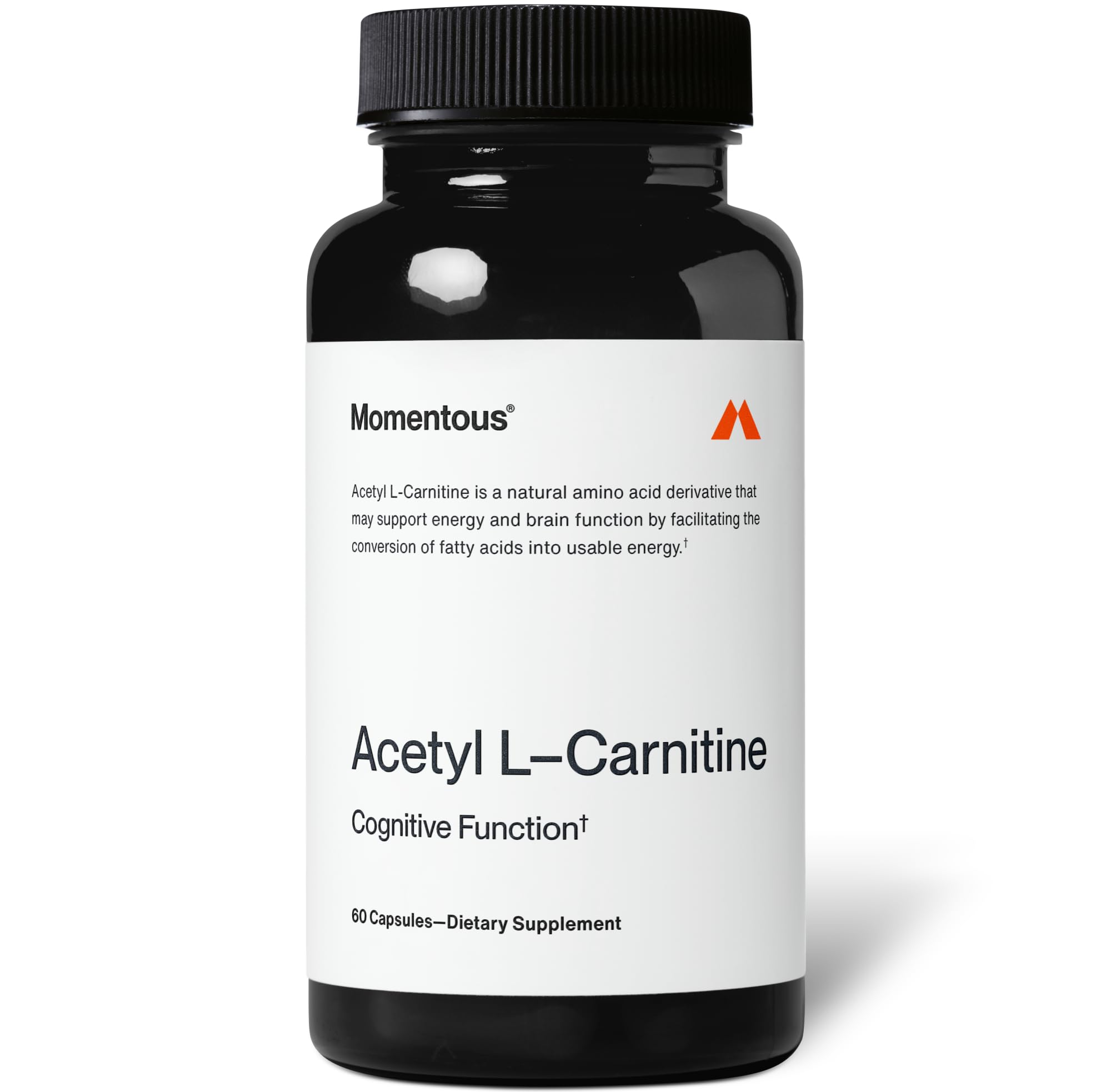 Momentous Acetyl L-Carnitine bottle close-up for focused thinking and energy