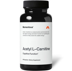 Momentous Acetyl L-Carnitine bottle close-up for focused thinking and energy