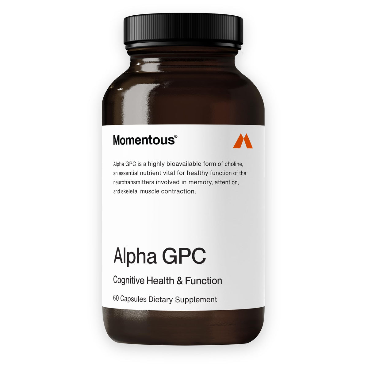 Momentous Alpha GPC bottle ready for daily use to support mental focus and performance.