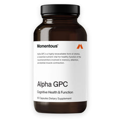 Momentous Alpha GPC bottle ready for daily use to support mental focus and performance.