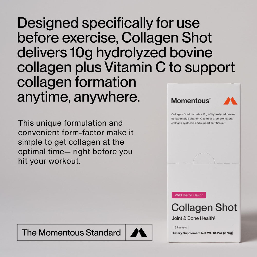 Momentous Collagen Shot ingredients label close-up featuring collagen and vitamin C
