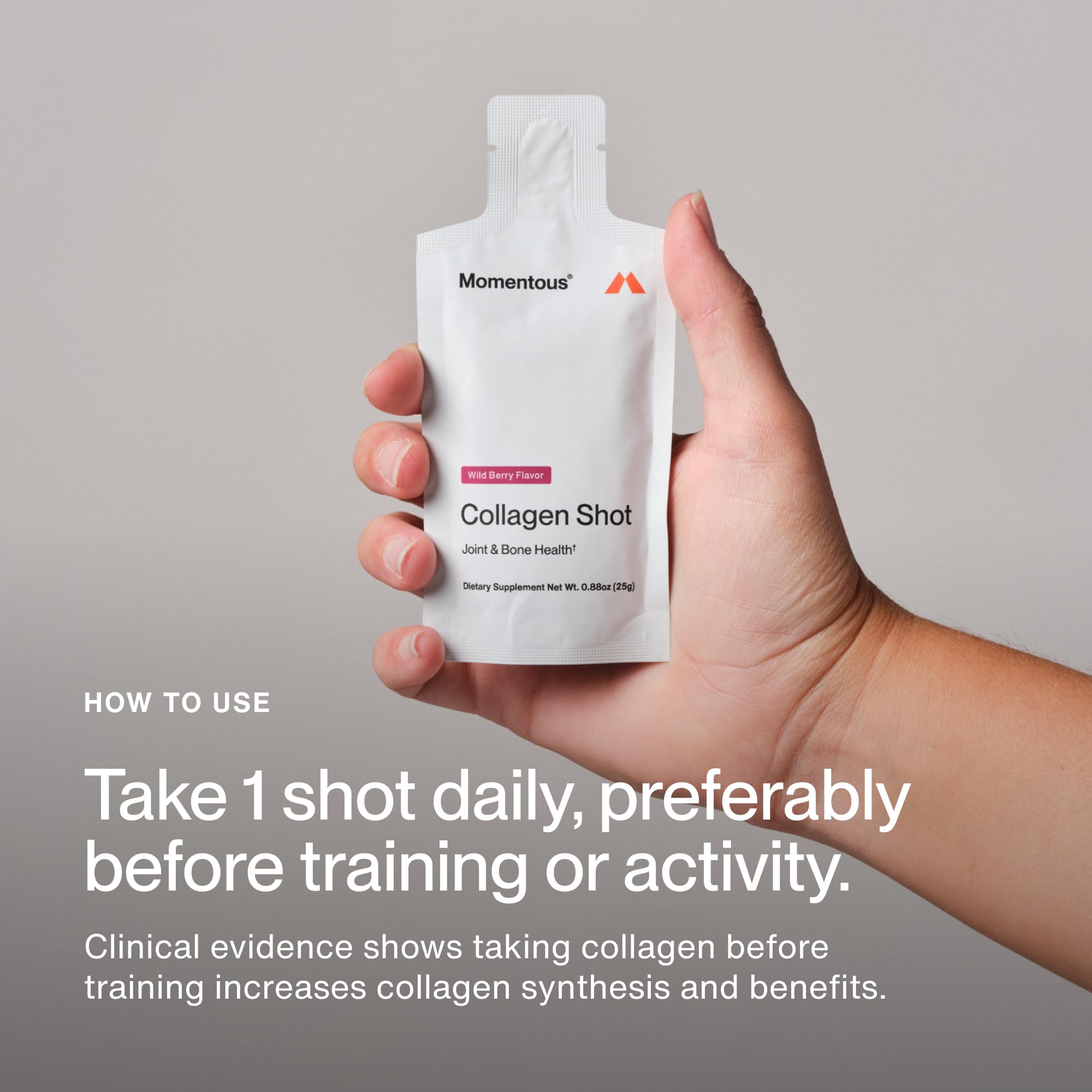 Momentous Collagen Shot measuring scoop beside bottle for precise serving