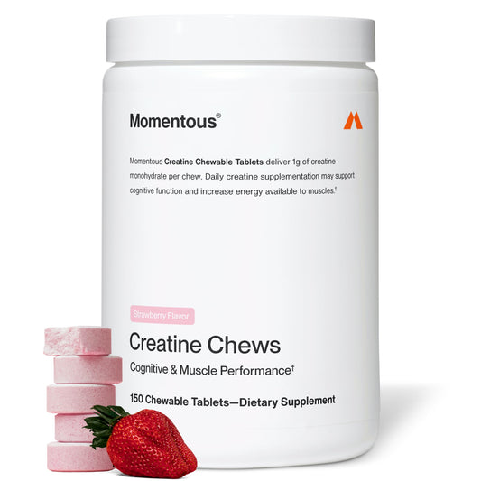 Momentous Creatine Chews bottle front label shows strawberry flavor for on-the-go energy and performance