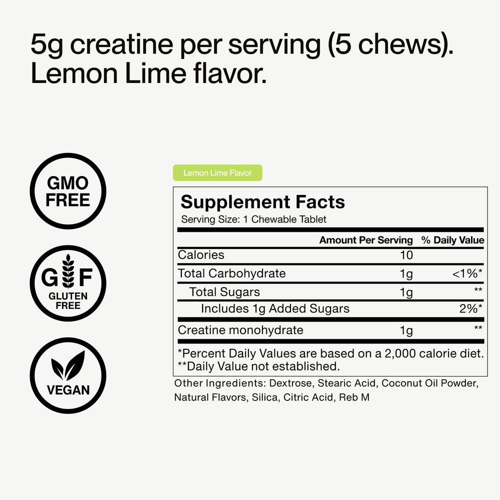 Momentous Creatine Chews bottle sideview showcases compact carry.