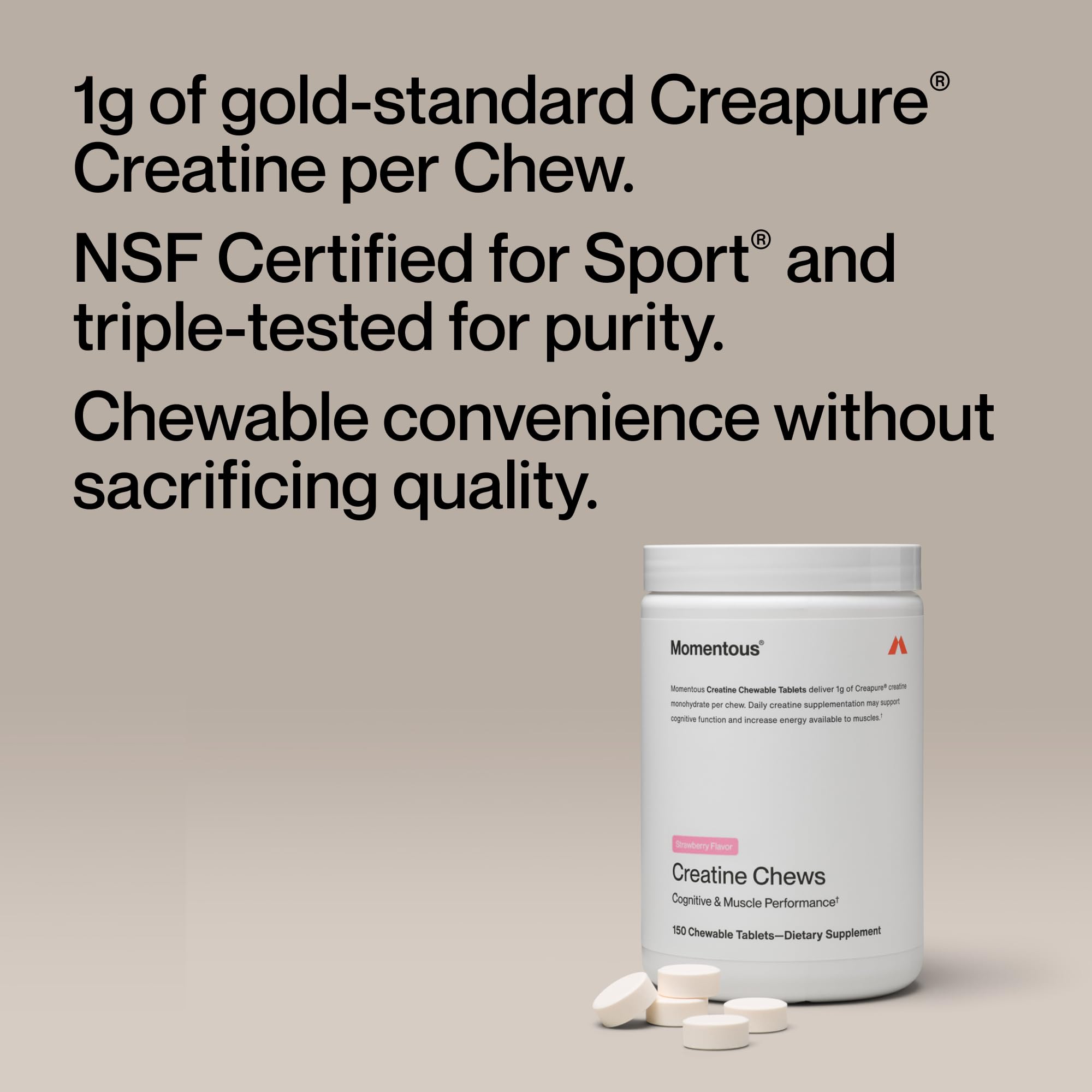 Momentous Creatine Chews bottle displays 150 chewables for convenient daily use