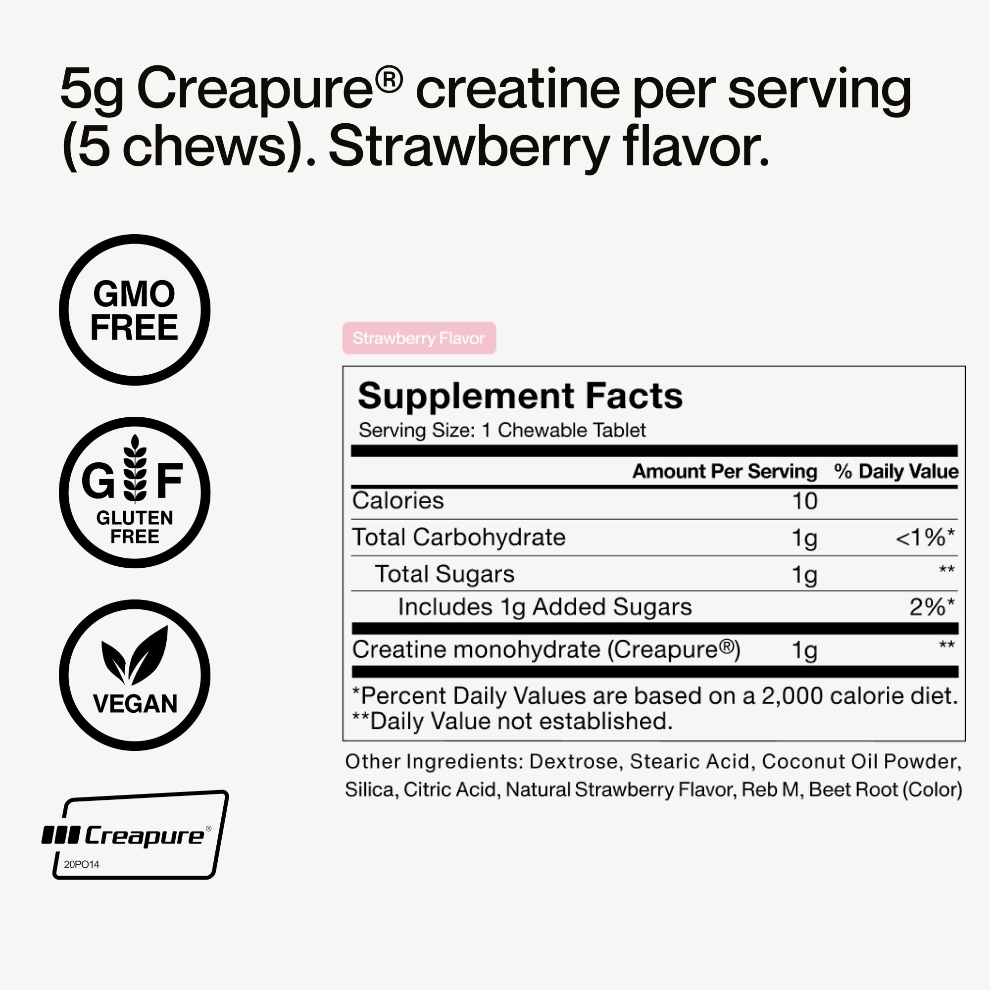 Momentous Creatine Chews label close-up showing clean design and flavor cues