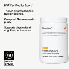 Momentous Creatine Chews mango label detail highlights pure, NSF-certified quality