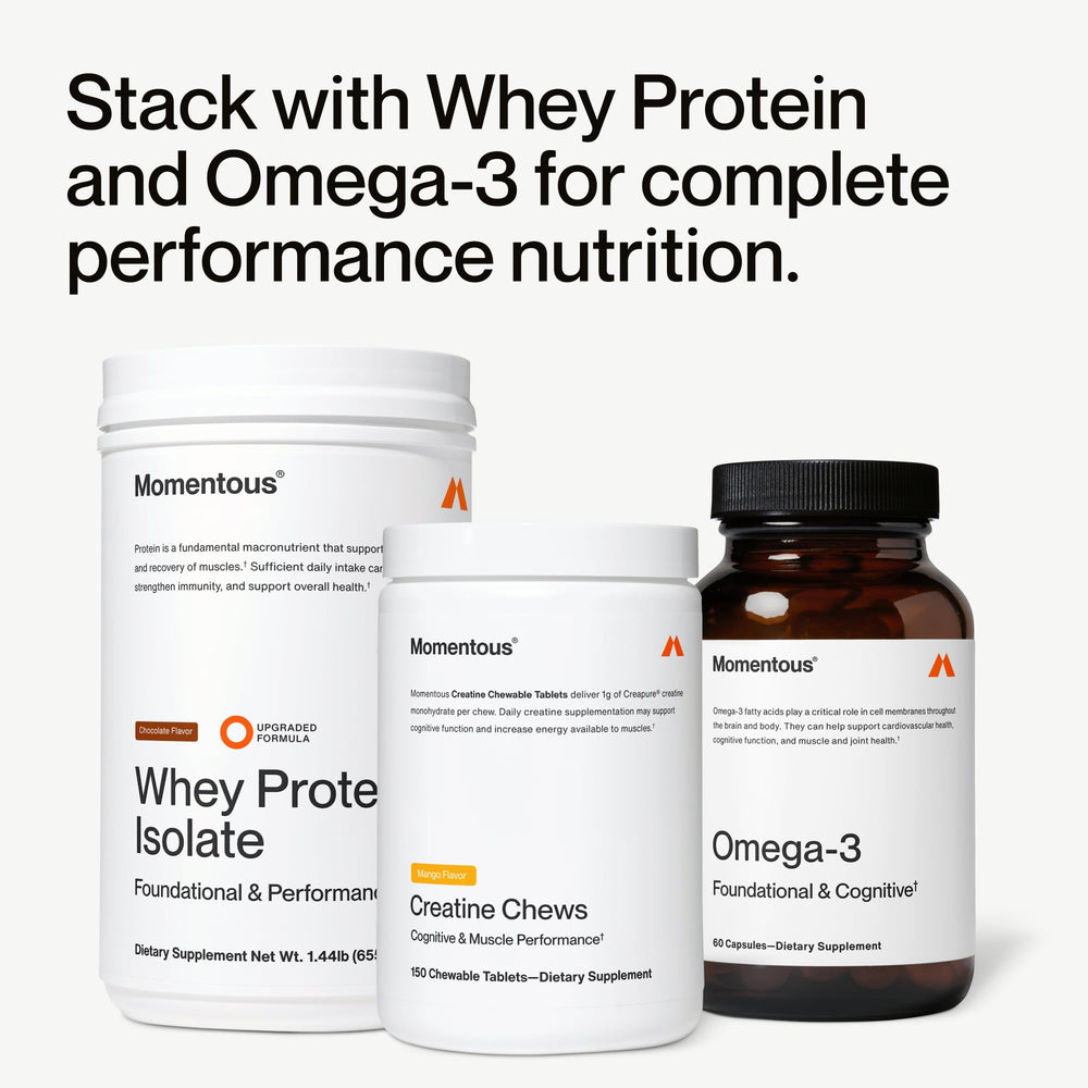 Momentous Creatine Chews mango morning routine capture implies consistent daily support
