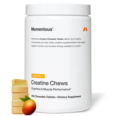 Momentous Creatine Chews mango tablet closeup for convenient post-workout support