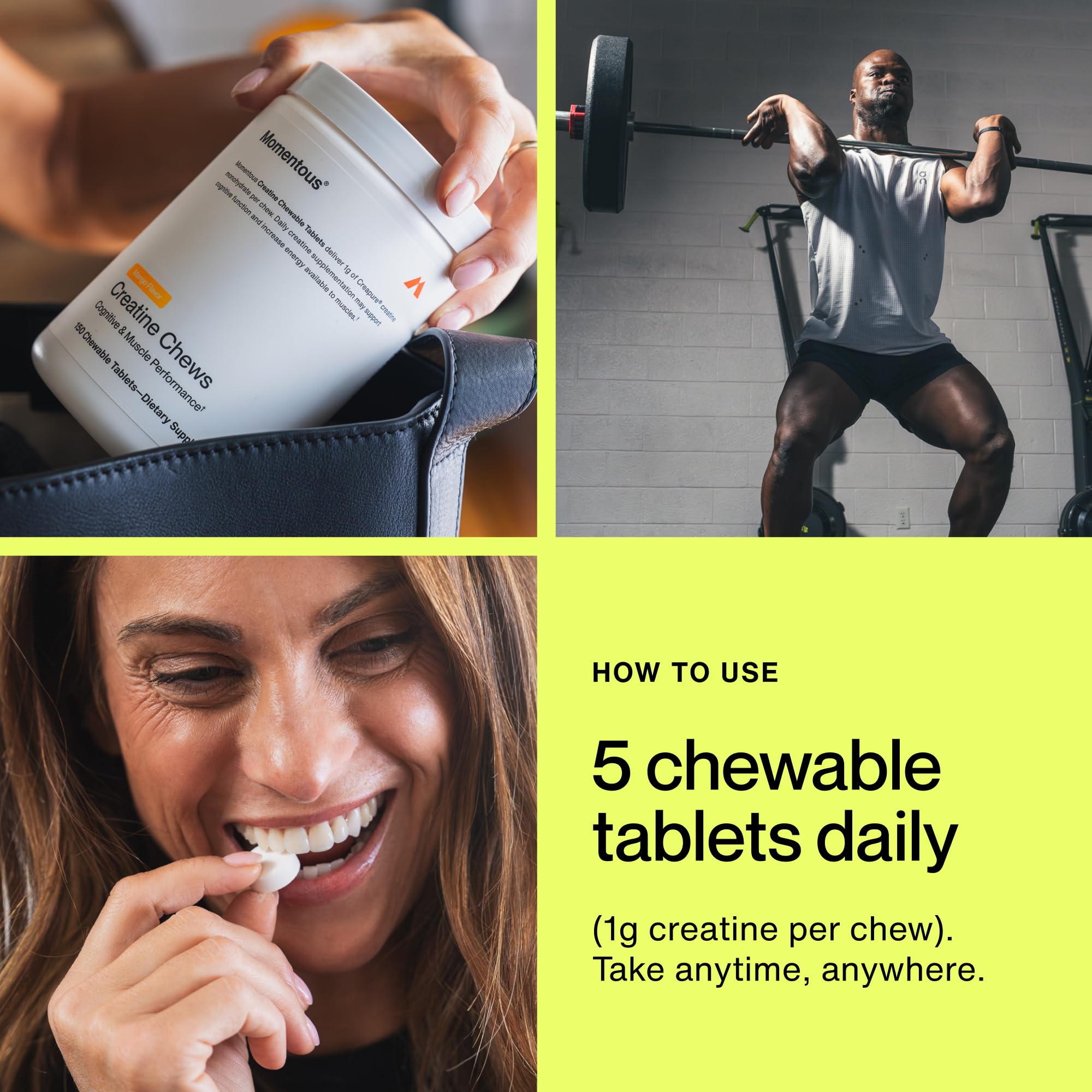 Momentous Creatine Chews mango tablets on hands suggest easy on-the-go intake