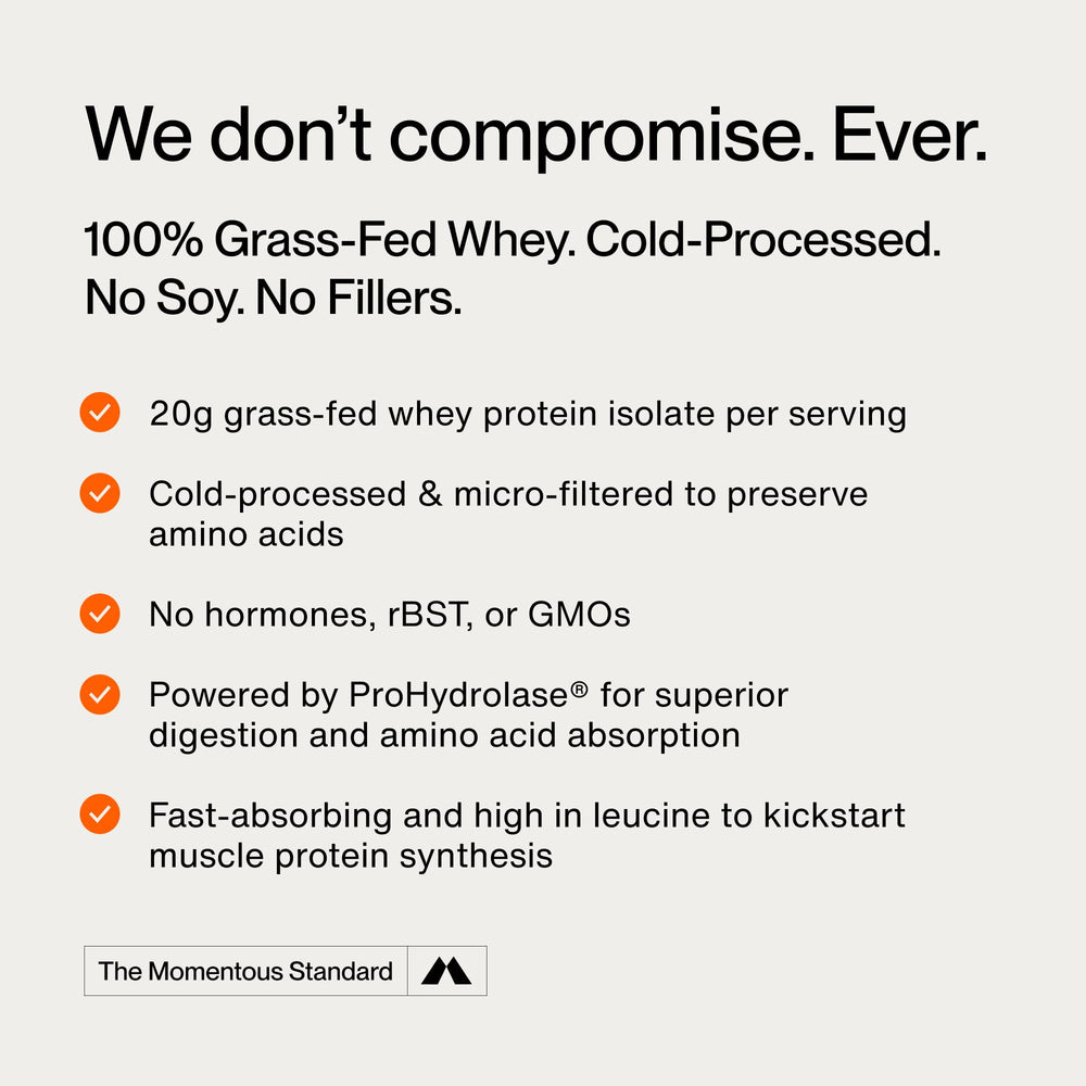 Momentous Essential Grass-Fed Whey bag with label close-up highlighting grass-fed origin