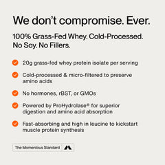Momentous Essential Grass-Fed Whey bag with label close-up highlighting grass-fed origin