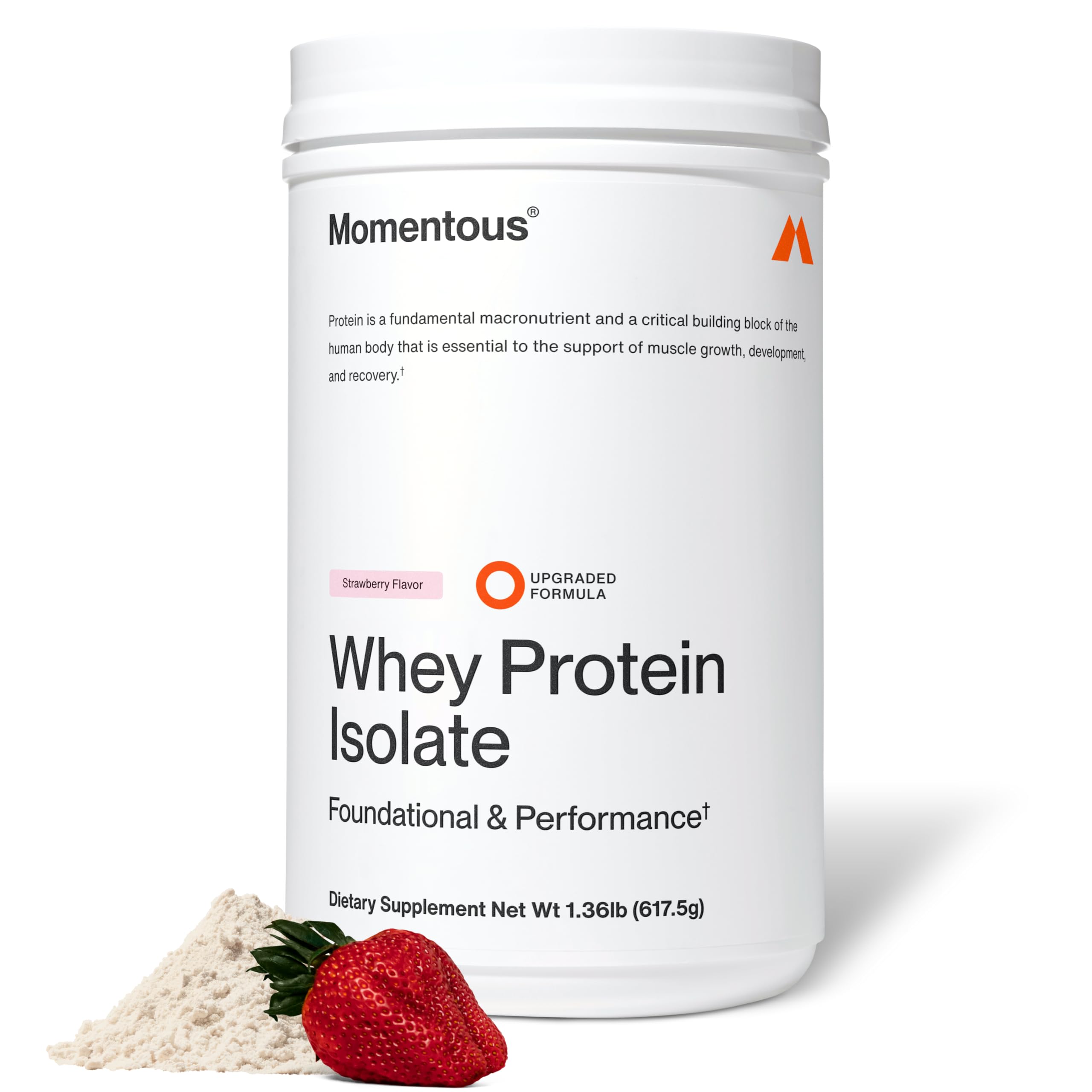 Momentous Essential Grass-Fed Whey bottle with strawberry flavor for post-workout protein