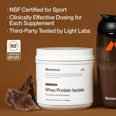 Momentous Essential Grass-Fed Whey packaging emphasizes gluten-free protein powder.