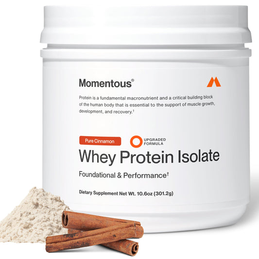 Momentous Essential grass-fed whey powder bottle for post-workout recovery.