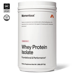 Momentous Essential Grass-Fed Whey scoop beside bottle for convenient daily protein