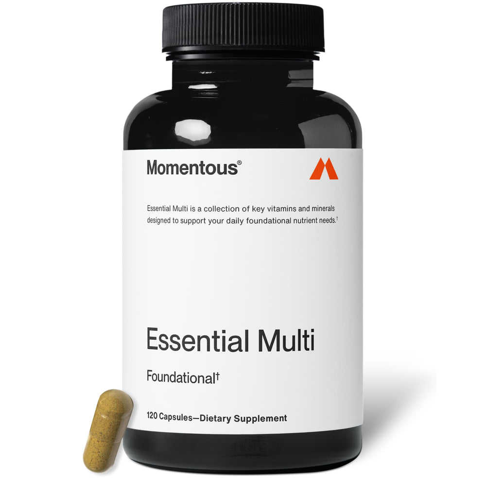 Momentous Essential Multivitamin front bottle shows complete nutrient support for athletes.