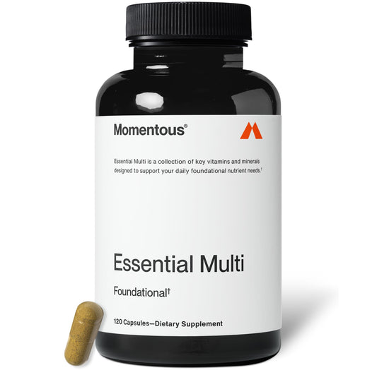 Momentous Essential Multivitamin front bottle shows complete nutrient support for athletes.