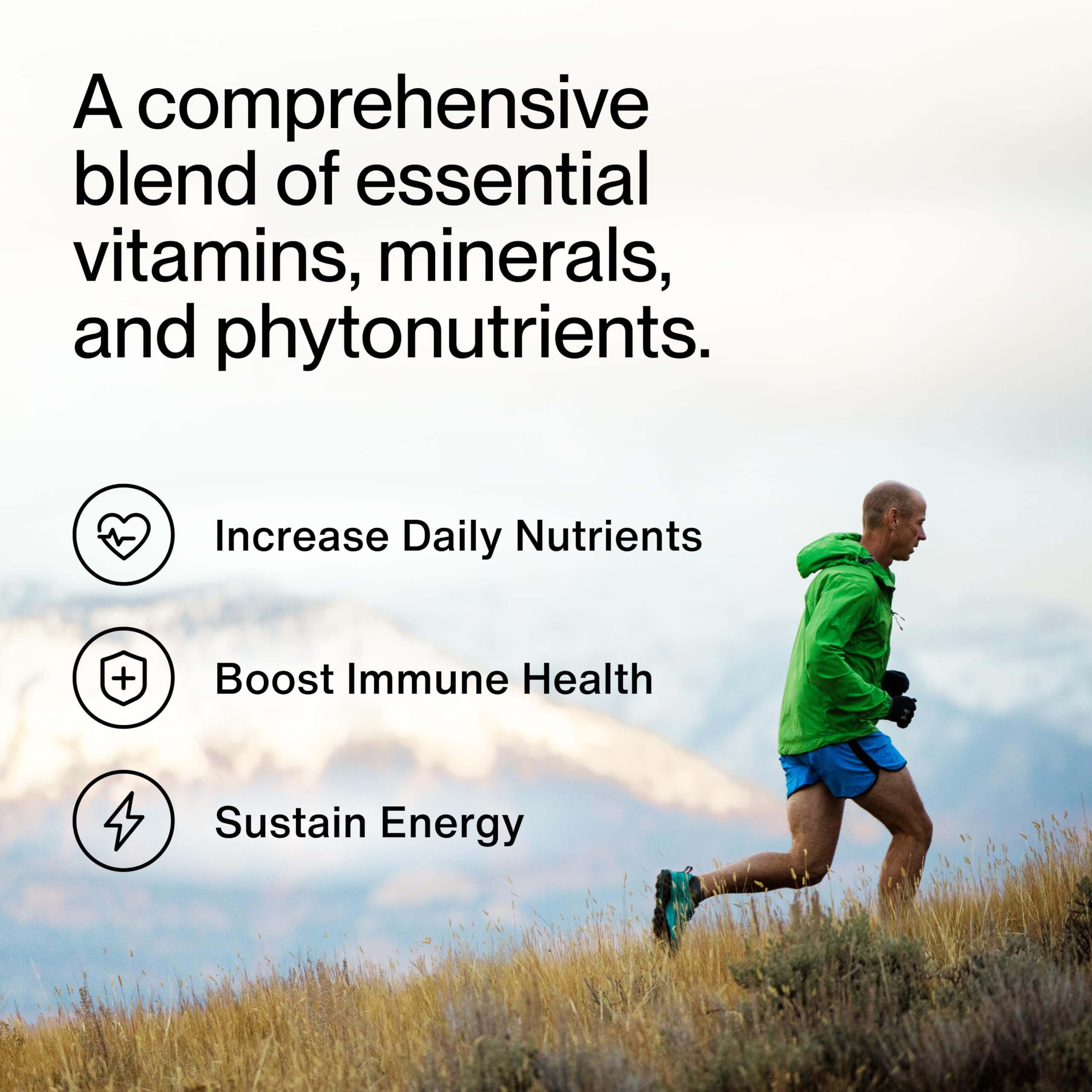 Momentous Essential Multivitamin label close-up highlights lutein, resveratrol, and phytonutrient blend.