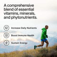 Momentous Essential Multivitamin label close-up highlights lutein, resveratrol, and phytonutrient blend.