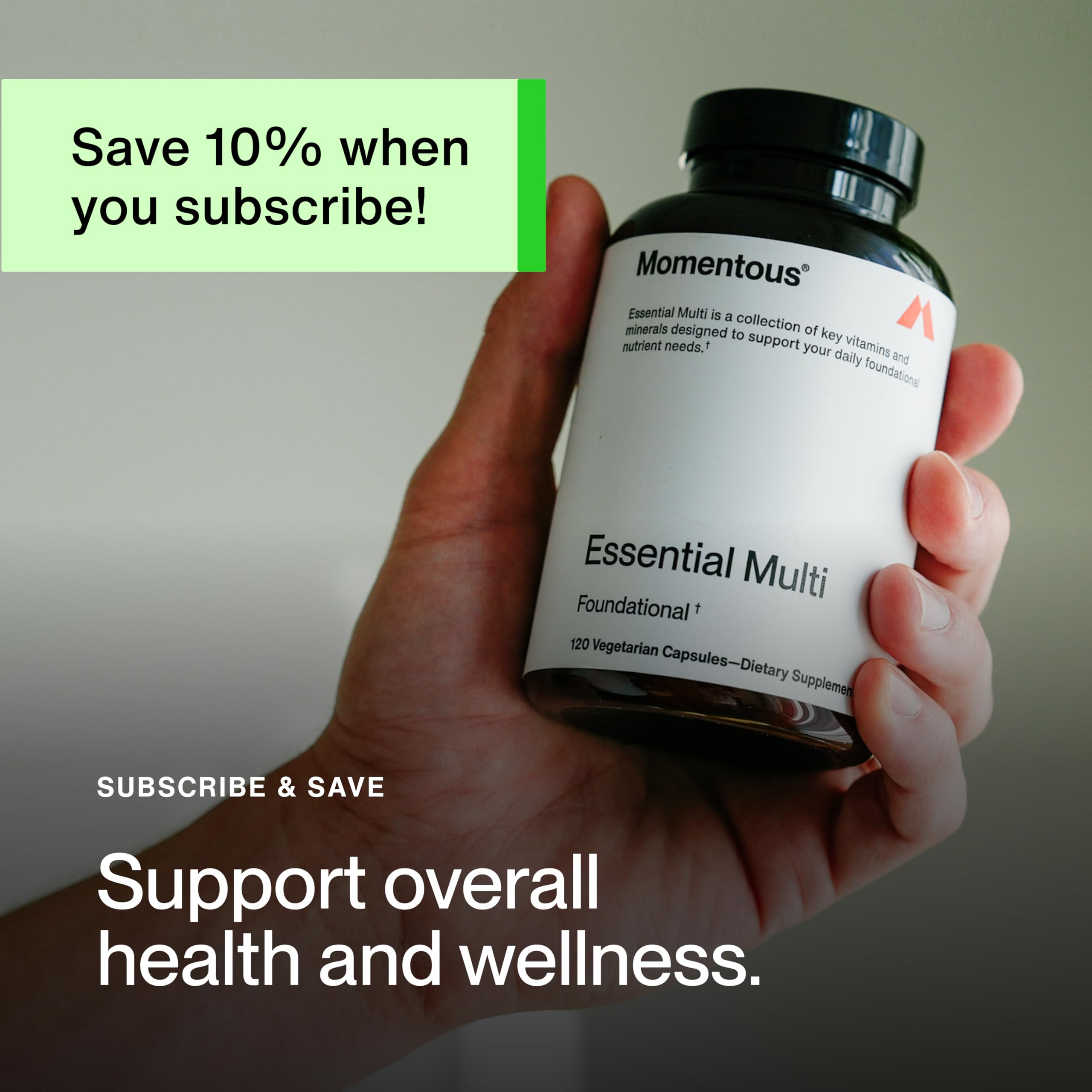 Momentous Essential Multivitamin packaging highlights sustainability and 30 servings.