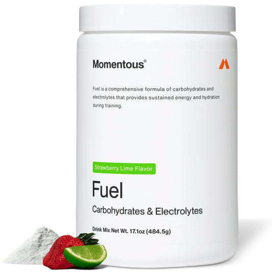 Momentous Fuel powder with a scoop for precise energy during workouts.