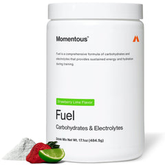Momentous Fuel powder with a scoop for precise energy during workouts.