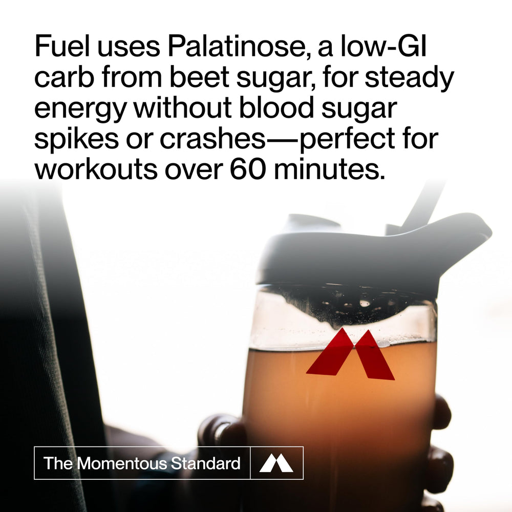 Momentous Fuel Mango dissolving in water for long-lasting energy during runs.