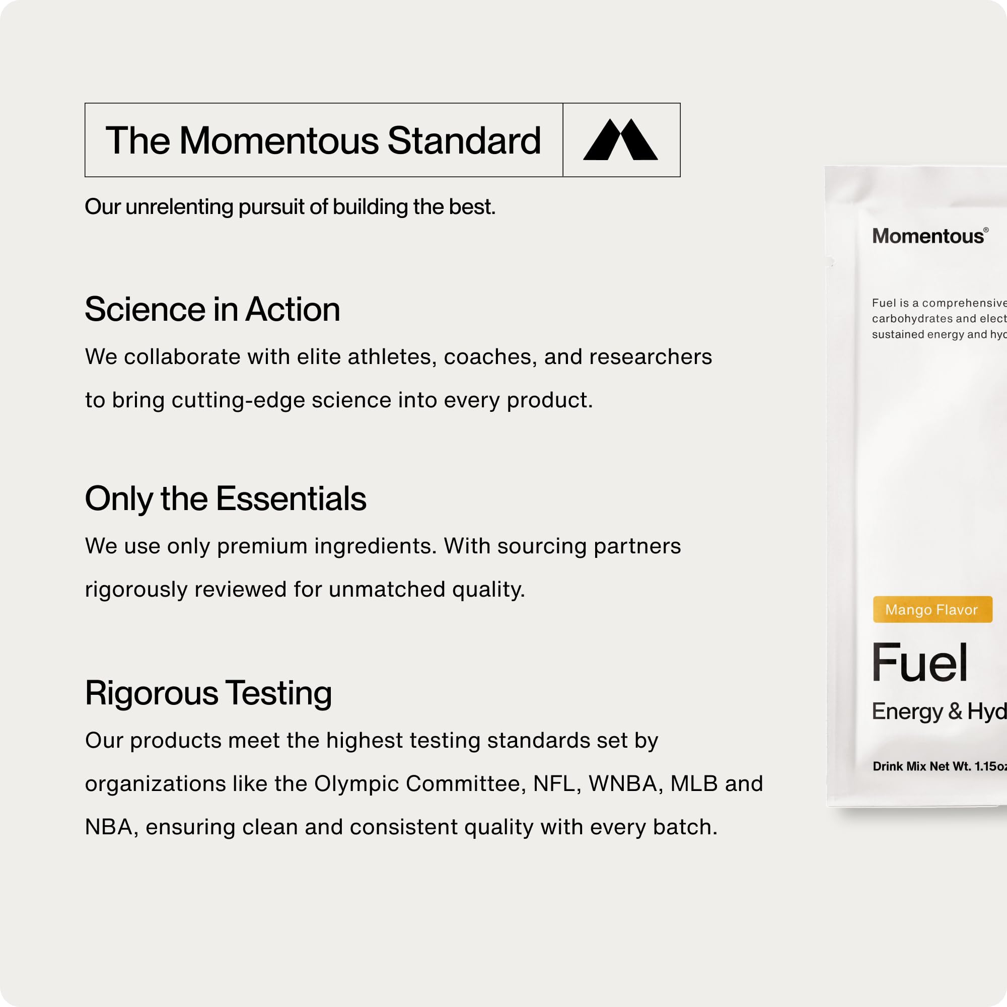 Momentous Fuel mango label close-up emphasizes clean ingredients and trusted testing.