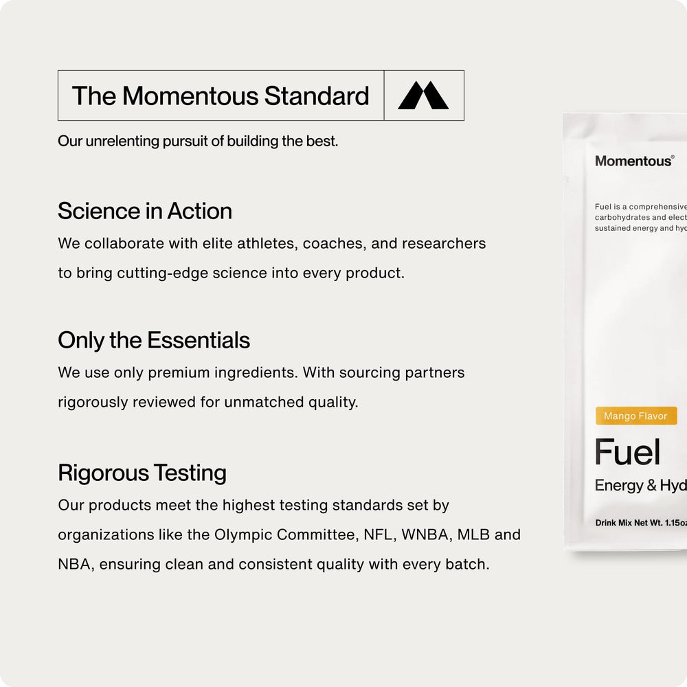 Momentous Fuel mango label close-up emphasizes clean ingredients and trusted testing.