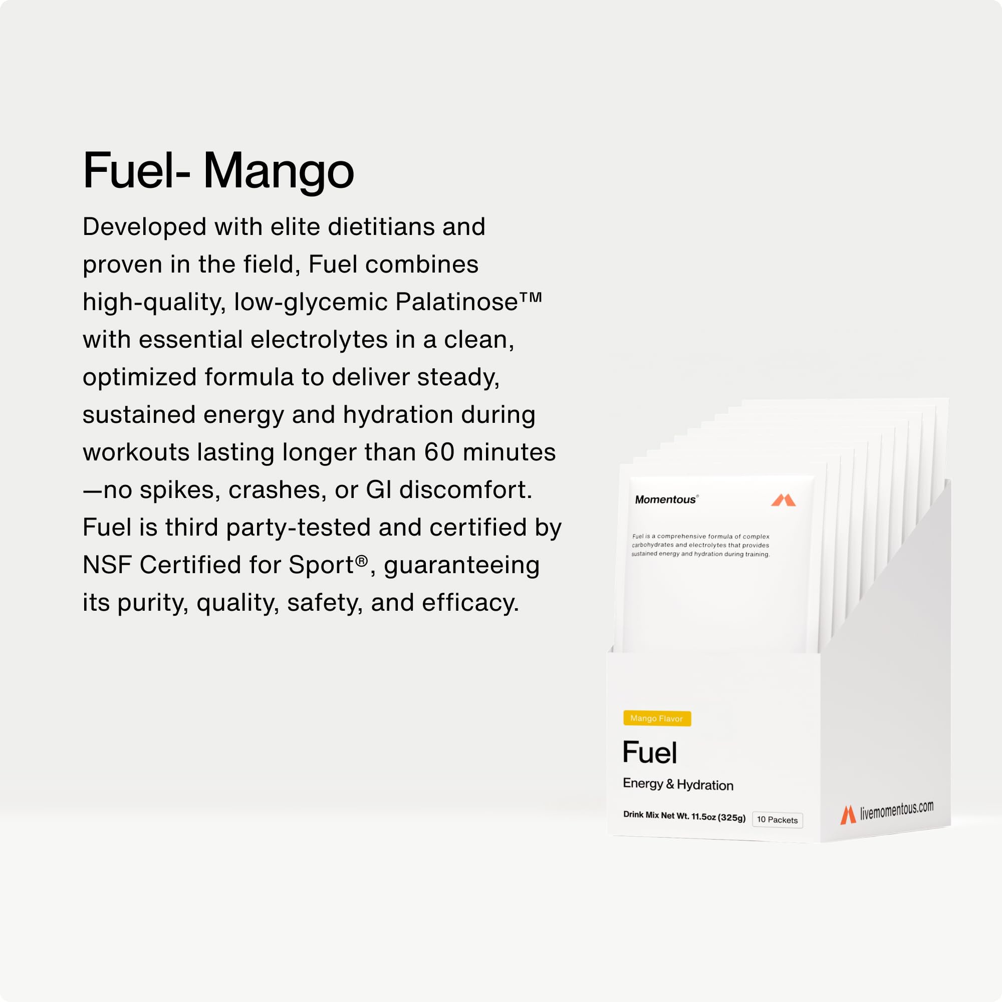Momentous Fuel mango powder pour shows easy mixing for steady performance.