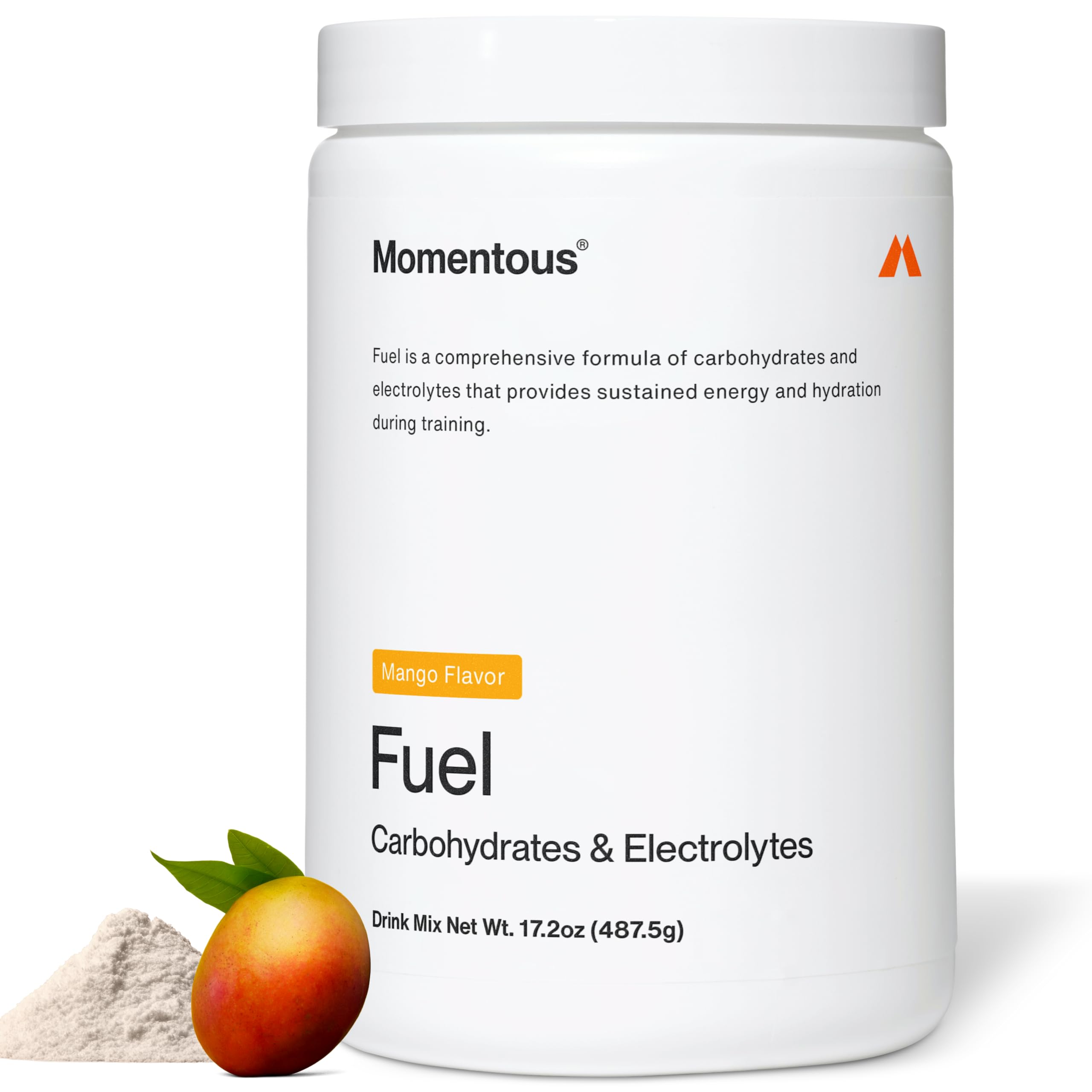 Momentous Fuel Mango powder scoop ready to mix for steady workout energy.