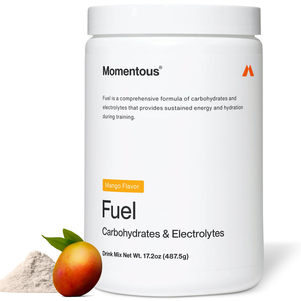 Momentous Fuel Mango powder scoop ready to mix for steady workout energy.