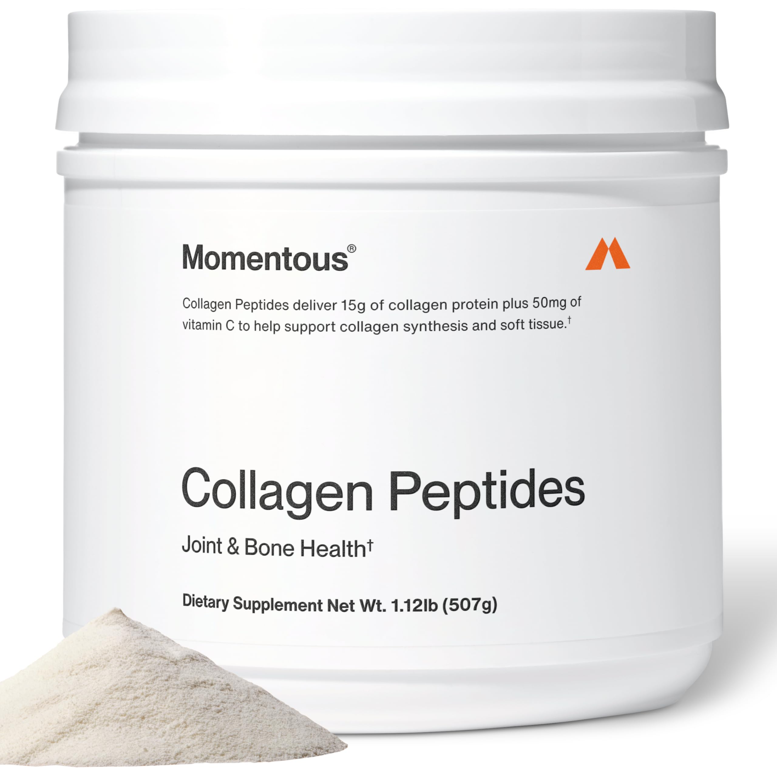 Momentous Grass-Fed Collagen Powder tub ready for daily use, suggesting overall wellness support