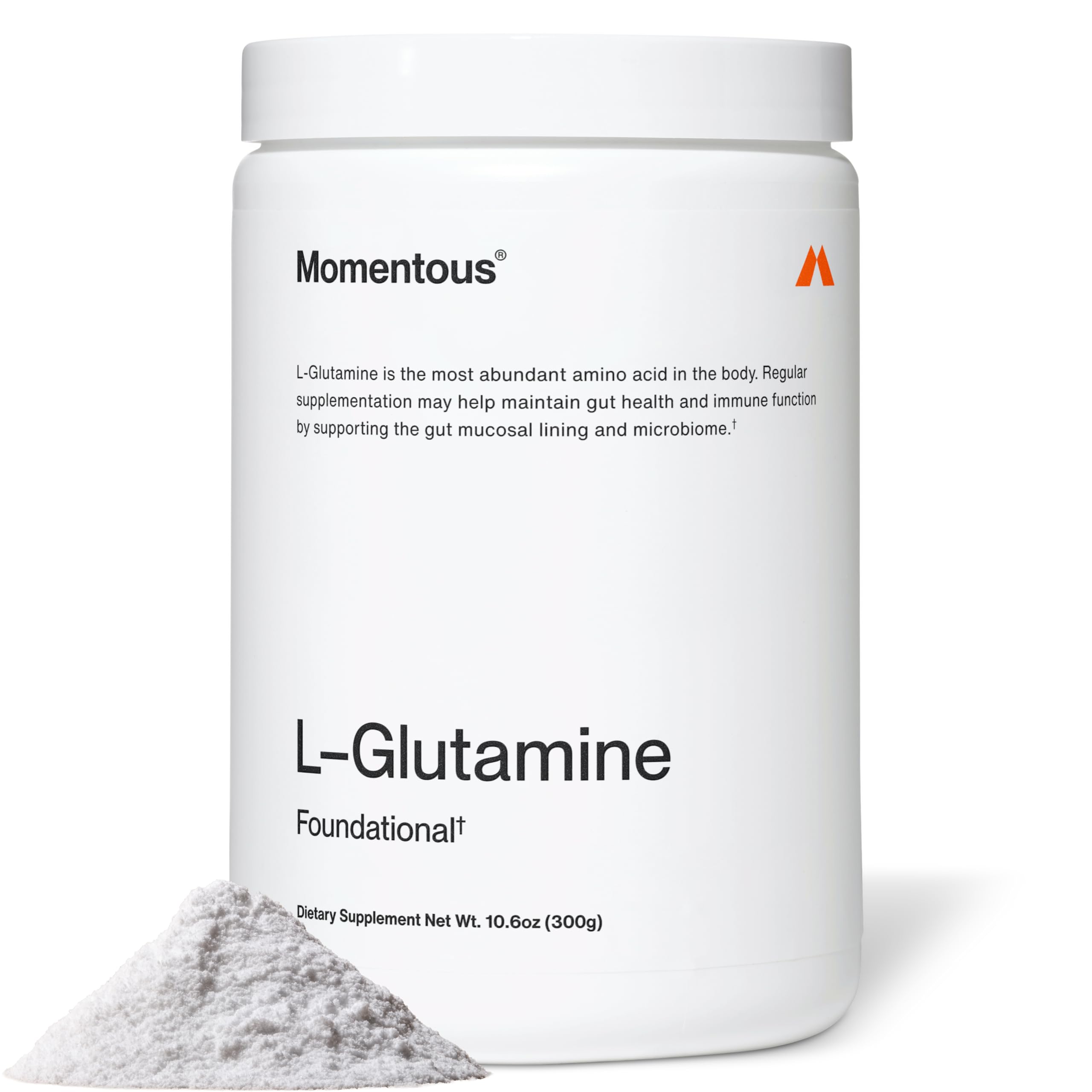 Momentous L-Glutamine Powder bottle label highlighting gut health support.