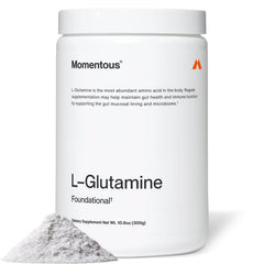 Momentous L-Glutamine Powder bottle label highlighting gut health support.