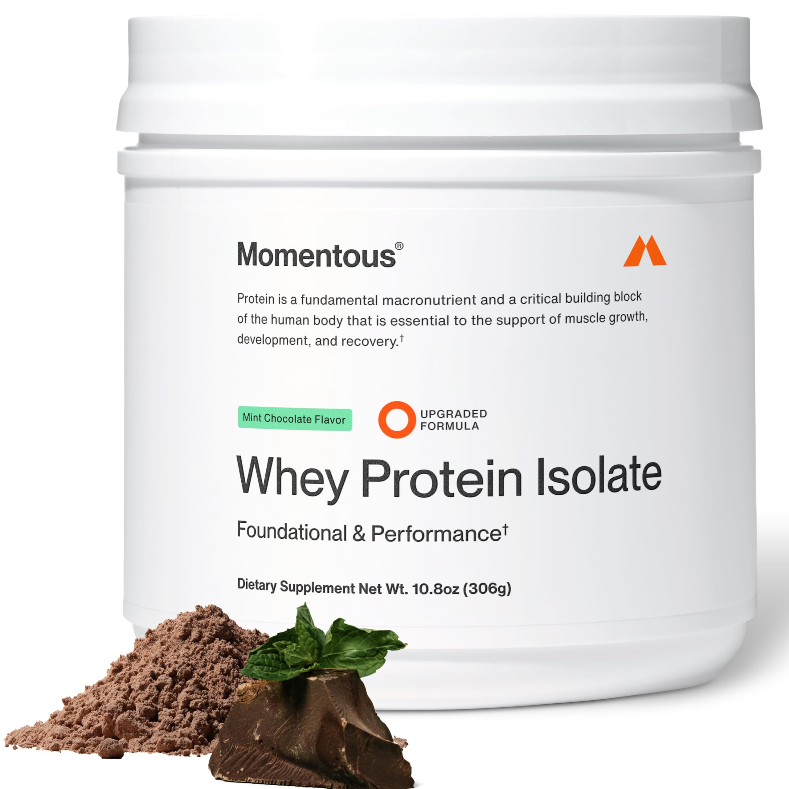 Momentous mint-chocolate whey bottle for post-workout recovery and refuel.