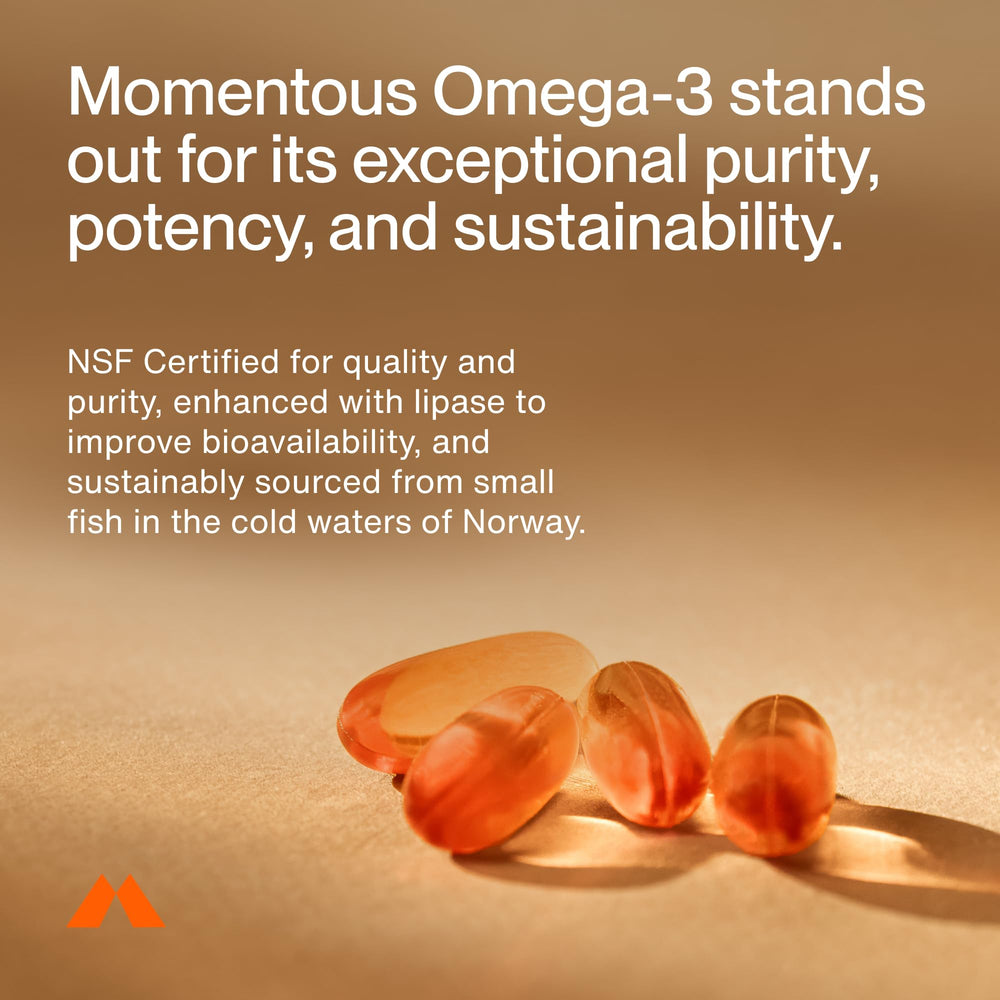 Momentous Omega-3 softgels being poured into a dish