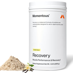 Momentous Recovery grass-fed whey powder vanilla — bottle pour shows easy mix for post-workout use.