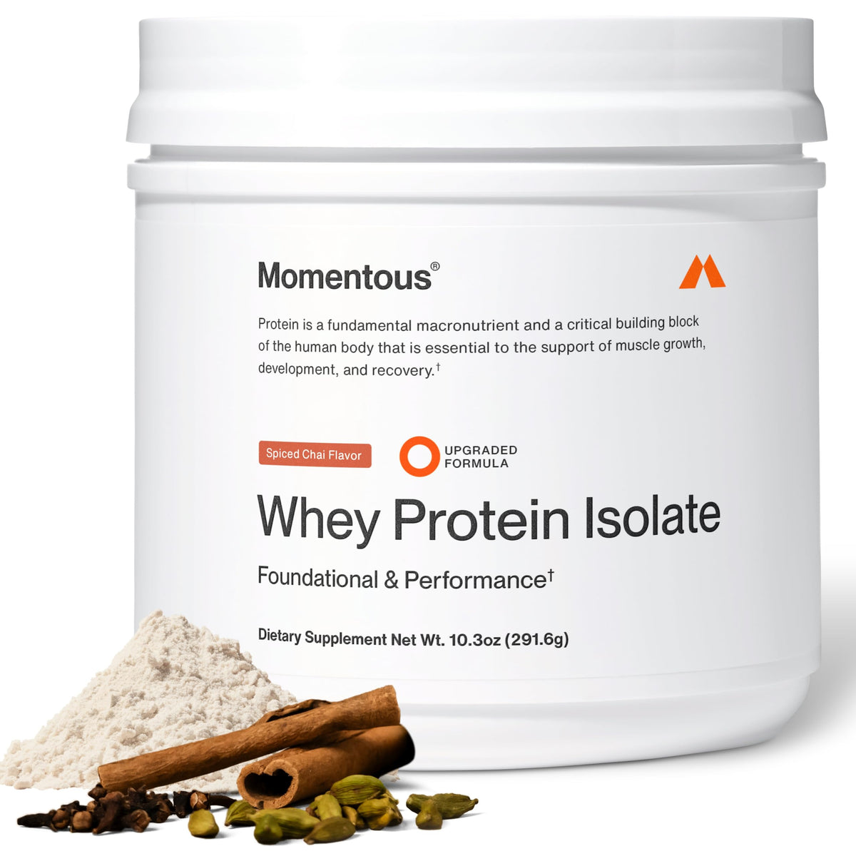 Momentous Spiced Chai whey powder container ready for post-workout recovery.