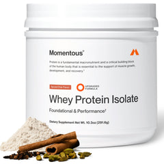 Momentous Spiced Chai whey powder container ready for post-workout recovery.