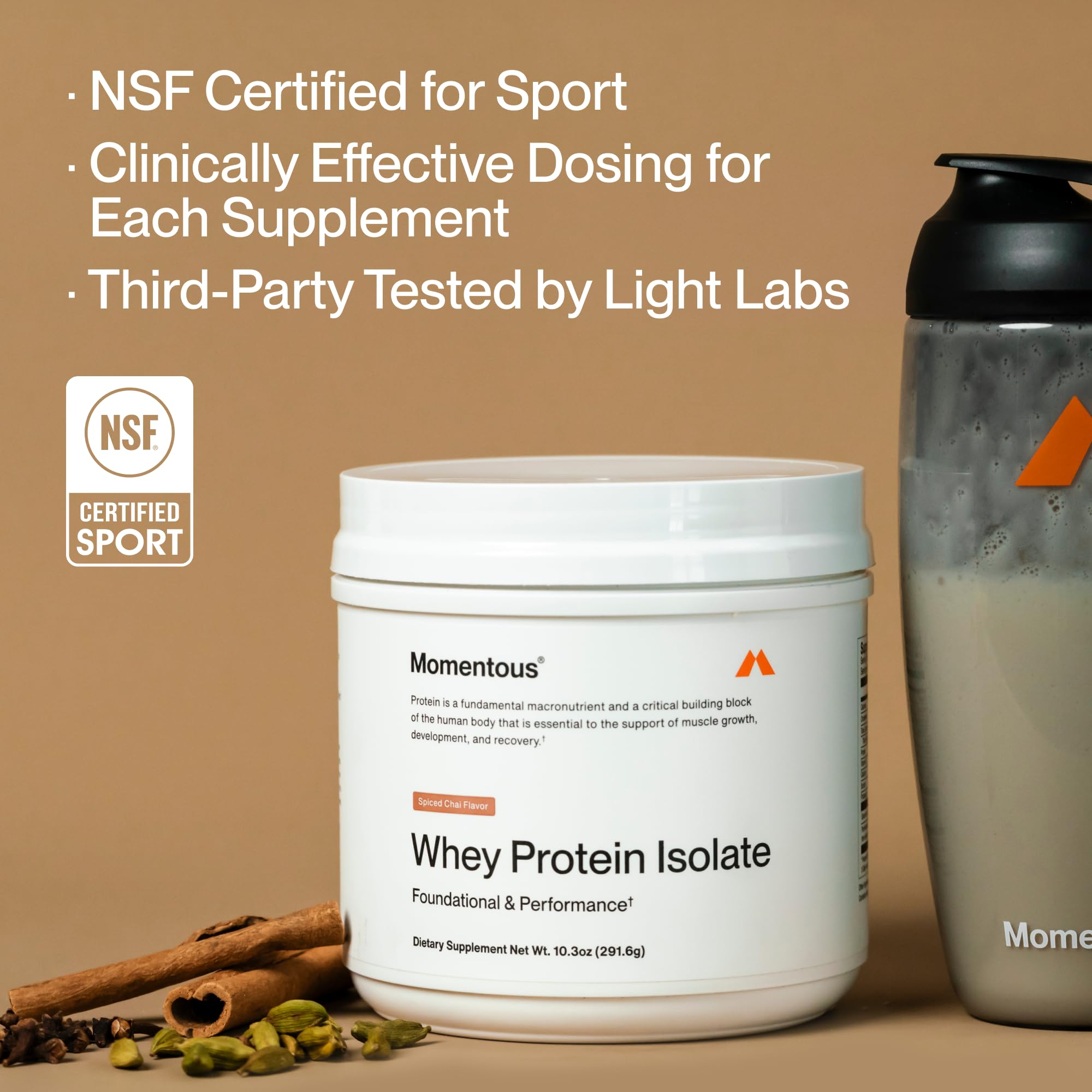Momentous Spiced Chai whey powder label highlighting NSF and gluten-free claims.